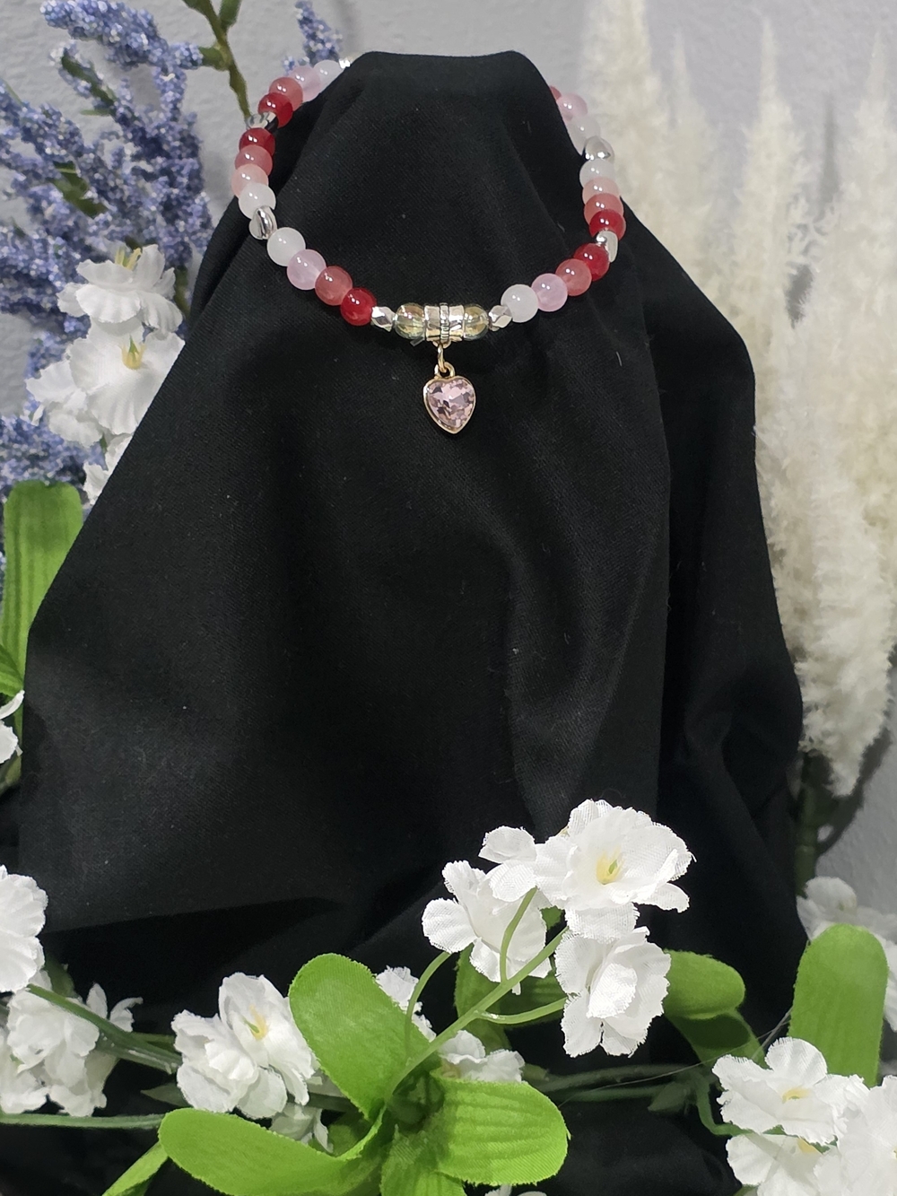 Hand Crafted Pink & Red Beaded Bracelet with Gold Heart Charm